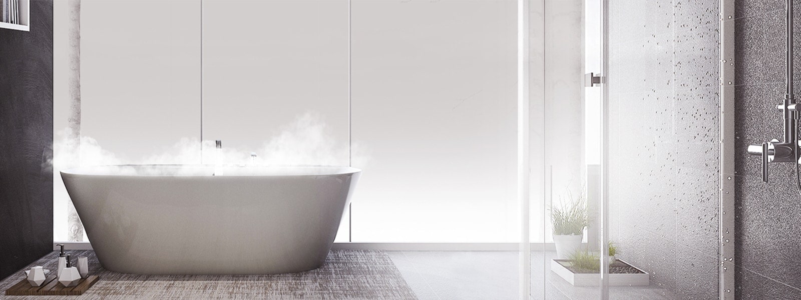 Side view of a steamy bathtub on the left in a shower room, amenities nearby. Small plants grace the right side.